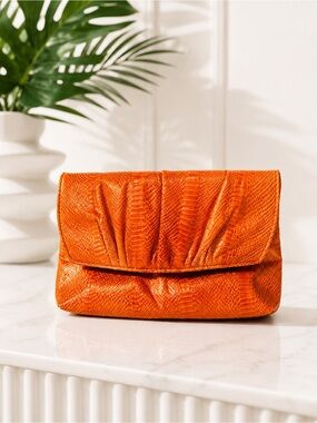 Vintage Genuine Snakeskin Bag - Bright Orange Exotic Leather Clutch - Y2K